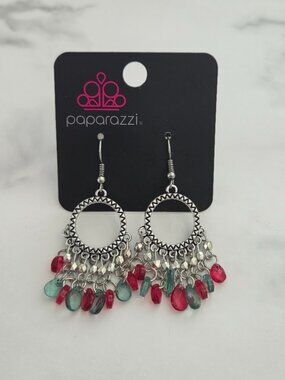 Paparazzi Silver Boho Chandelier Earrings Red Teal Beaded Fringe Drop Dangle